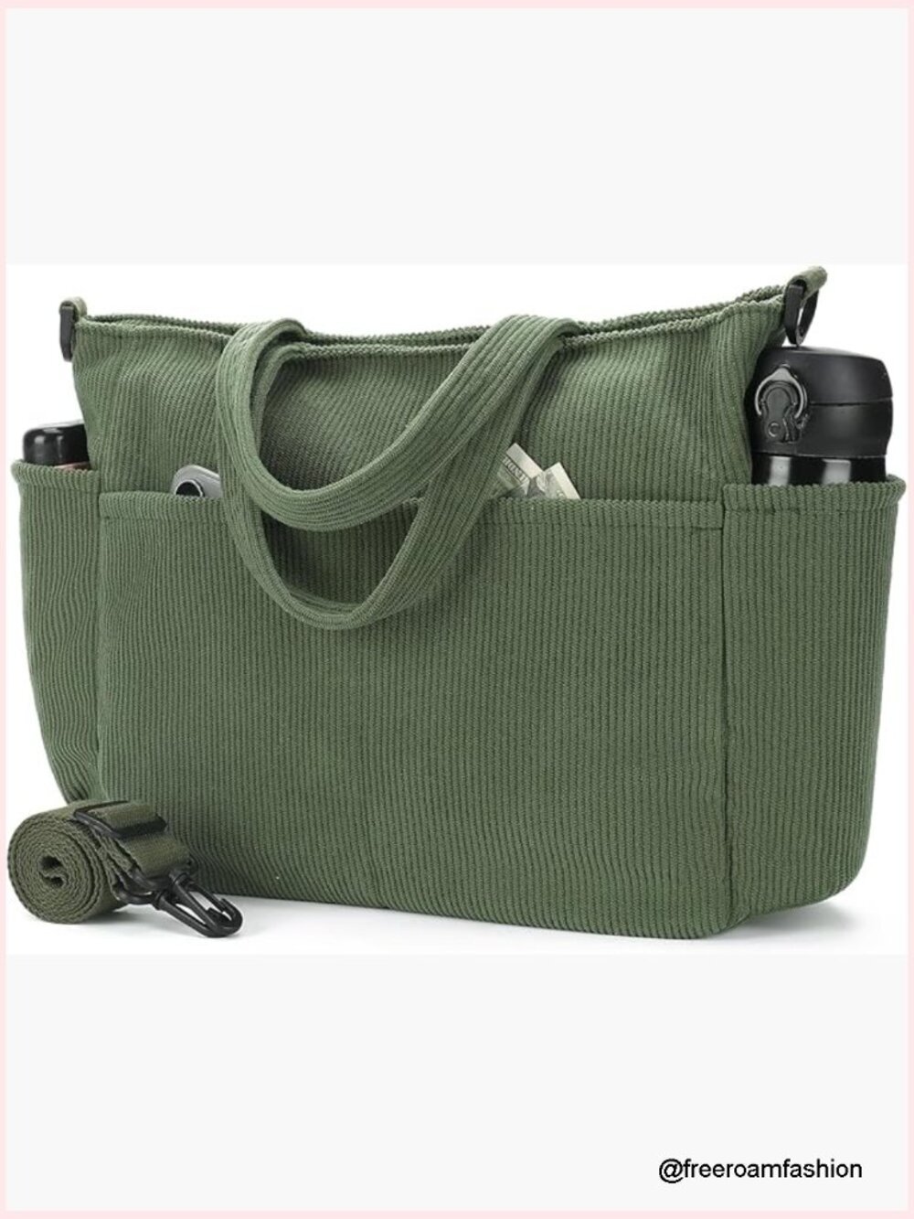 Large Corduroy Tote Bag with Zipper Pockets, Adjustable Crossbody Strap
